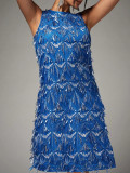 Women Fashion Sequin Sleeveless Party Shiny Tassel Strap Prom Dress