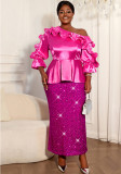 Women Plus Size Rose Satin Ruffle Slash Shoulder Top Sequin Bodycon Party Skirt Two-Piece Set