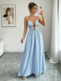 Women Summer Fashion Casual Sleeveless Halter Neck Slim Waist Striped Colorblock Long Dress