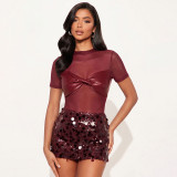 Women Sexy Short Sleeve Knot Mesh Patchwork Round Neck Bodysuit