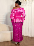 Women Plus Size Rose Satin Ruffle Slash Shoulder Top Sequin Bodycon Party Skirt Two-Piece Set