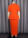 Women Round Neck Ruffled Patchwork Knitted Chain Decoration Slim Waist Bodycon Career Dress