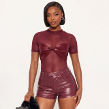 Women Sexy Short Sleeve Knot Mesh Patchwork Round Neck Bodysuit