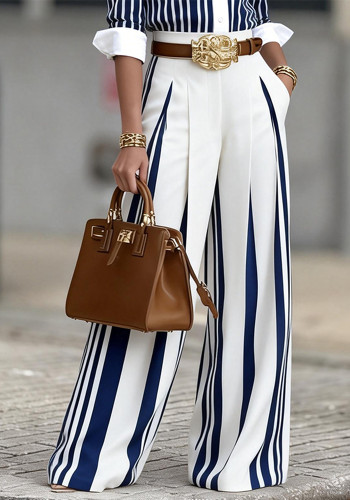 Women Blue White Striped Wide-Leg High Waist Slim Fit Career Trousers