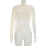 Women Summer High Neck Ruched Mesh Asymmetrical T-Shirt Sleeveless Bodysuit Top
