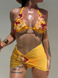 Women Sunflower Color Bikini Floral Beach Holidays Swimwear Three-Piece Set