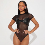 Women Sexy Short Sleeve Knot Mesh Patchwork Round Neck Bodysuit