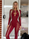 Summer Women Leopard Hollow Pearl Knit Slim Fit Jumpsuit