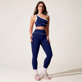 Women Colorblock Slash Shoulder Sports Bra + High Waist Butt Lift Yoga Pants Tight Fitting Activewear