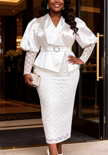 Women Plus Size White Satin Puff Sleeve Patchwork Lace Beaded Waist Fashion Elegant Bodycon Dress