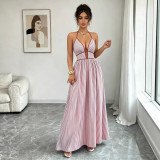 Women Summer Fashion Casual Sleeveless Halter Neck Slim Waist Striped Colorblock Long Dress