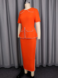 Women Round Neck Ruffled Patchwork Knitted Chain Decoration Slim Waist Bodycon Career Dress