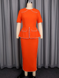 Women Round Neck Ruffled Patchwork Knitted Chain Decoration Slim Waist Bodycon Career Dress