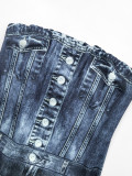 Women Strapless High Stretch Slim Fit Summer Denim Pattern Printed Bodycon Dress