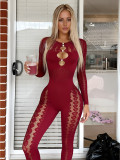 Summer Women Leopard Hollow Pearl Knit Slim Fit Jumpsuit