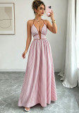 Women Summer Fashion Casual Sleeveless Halter Neck Slim Waist Striped Colorblock Long Dress