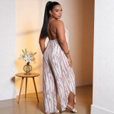 Women Plus Size Taupe Patterned Printed Strap Jumpsuit Autumn Low Back Slim Fit Loose Wide-Leg Romper