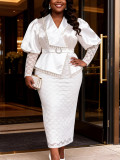 Women Plus Size White Satin Puff Sleeve Patchwork Lace Beaded Waist Fashion Elegant Bodycon Dress