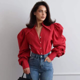 Women Chic Puff Sleeve Striped Shirt Trendy Long Sleeve Blouse