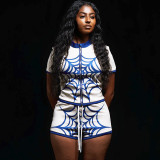 Women Web Print Short Sleeve Zipper Cardigan Tight Fitting Shorts Two-Piece Set