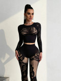 Women Sexy Rose Fishnet Stretchy See-Through Long Sleeve Top and Pants Two-Piece Set