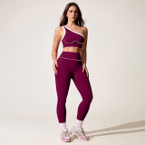 Women Colorblock Slash Shoulder Sports Bra + High Waist Butt Lift Yoga Pants Tight Fitting Activewear