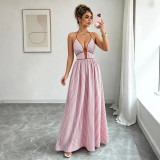 Women Summer Fashion Casual Sleeveless Halter Neck Slim Waist Striped Colorblock Long Dress