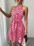 Women Summer Fashion Chic Halter Neck Sleeveless Stand Collar Wavy Striped Printed Mini Dress