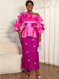Women Plus Size Rose Satin Ruffle Slash Shoulder Top Sequin Bodycon Party Skirt Two-Piece Set