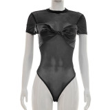 Women Sexy Short Sleeve Knot Mesh Patchwork Round Neck Bodysuit