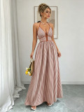 Women Summer Fashion Casual Sleeveless Halter Neck Slim Waist Striped Colorblock Long Dress