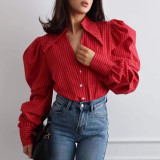Women Chic Puff Sleeve Striped Shirt Trendy Long Sleeve Blouse