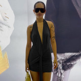 Women Spring/Summer Solid Sexy Halter Neck Deep V Low Back Knot Tie Dress