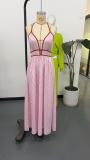 Women Summer Fashion Casual Sleeveless Halter Neck Slim Waist Striped Colorblock Long Dress