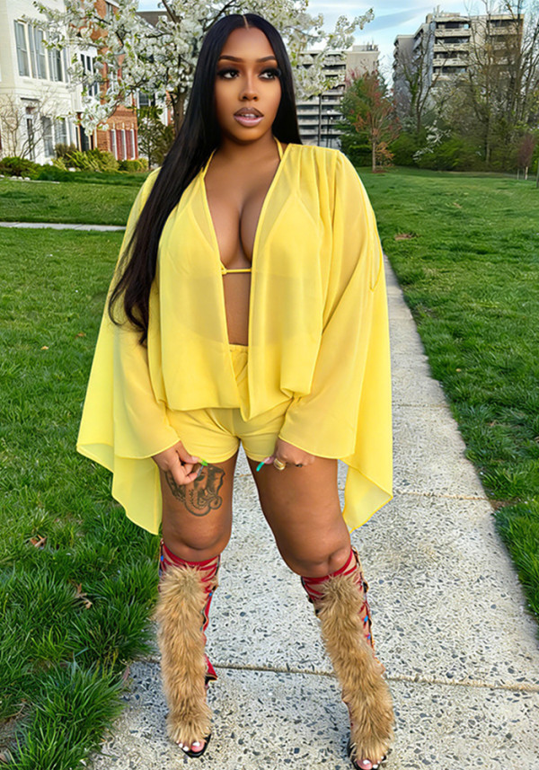 Women Summer Chiffon Hollow Out V Neck Bell Sleeve Long Sleeve Top and Shorts Two Piece Set