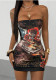 Women Beaded Printed Black Strapless Dress