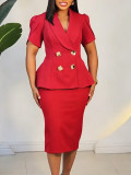 Plus Size African Women Summer Elegant Turndown Collar Top and Skirt Two Piece Set