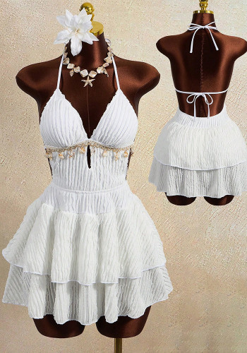 Women Sexy Halter Neck Lace-Up Multi-Layer Backless Holiday Dress