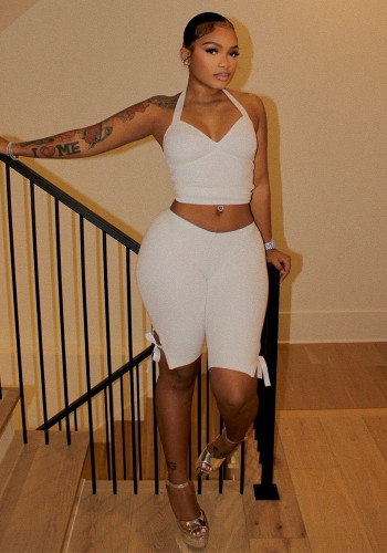 Women Sexy V Neck Halter Neck Crop Top and Cropped Pants Two Piece Set