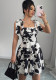 Women French Style Spaghetti Strap Black Printed Tie Waist Dress