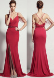 Women Spaghetti Strap V Neck Backless Split Sexy Evening Dress