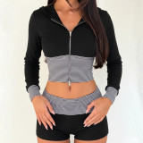 Women Casual Striped Patchwork Color Block Zipper Hooded Top and Shorts Two Piece Set