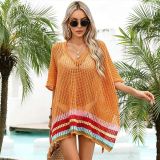 Women Summer Hollow Knit Long Sleeve Sunscreen Beach Cover-Up Top
