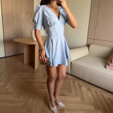 Women Summer V Neck Lantern Sleeve Dress