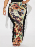 Women Spring Summer Fringe Trim Printed Sexy Midi Skirt