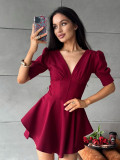 Women Summer V Neck Lantern Sleeve Dress