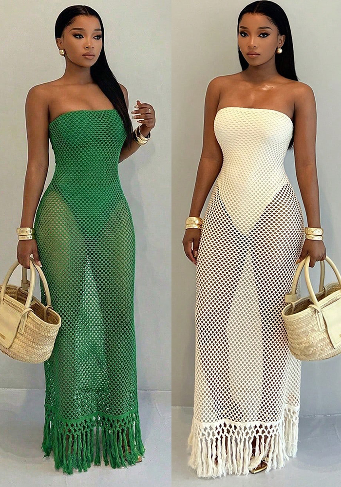 Hollow-Out Fringe Strapless Bodycon Dress for Holiday Parties