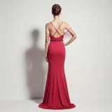 Women Spaghetti Strap V Neck Backless Split Sexy Evening Dress