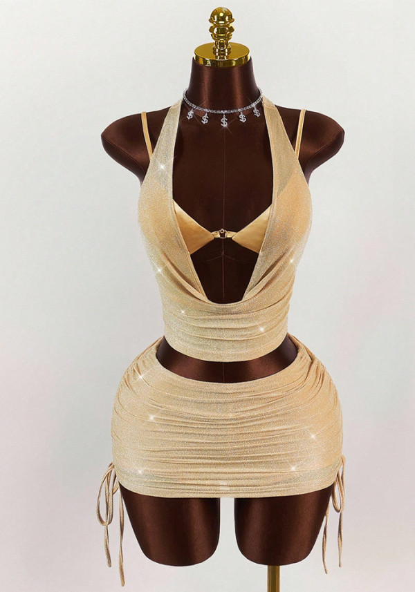 Women Sexy Backless Halter Neck Top and Skirt Set