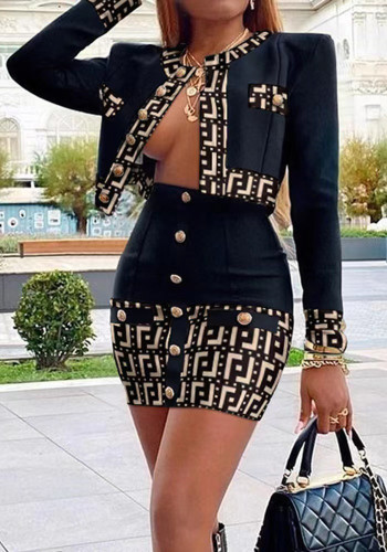 Women Metal Button Long Sleeve Top and Skirt Two Piece Set
